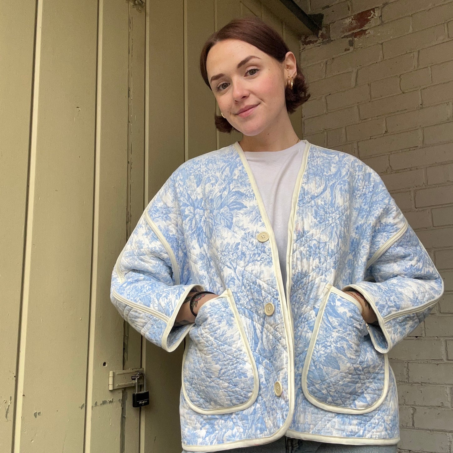 SOLD - Cardigan Coat, Blue Quilted Toile